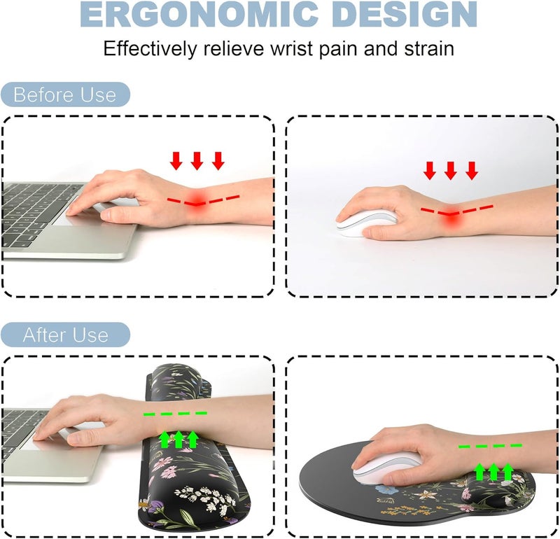 JIGOO Ergonomic Mouse Pad with Wrist Rest and Keyboard Wrist Rest, Memory Foam Wrist Rest for Computer Keyboard, Easy Typing, Pain Relief, Black Mouse Pad Wrist Support for Gaming,Office, Laptop, Floral - Image 2
